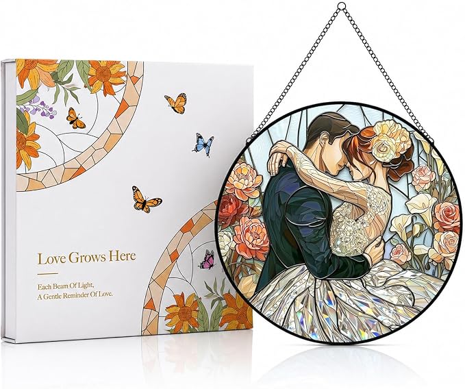 Deluxe Bundle | Stained Glass Window Hanging, Love Heart 3D Embossed Diamond Glass Suncatcher, 7-Piece Romantic Gift Set with Crystal Pendant & Invisible Hooks