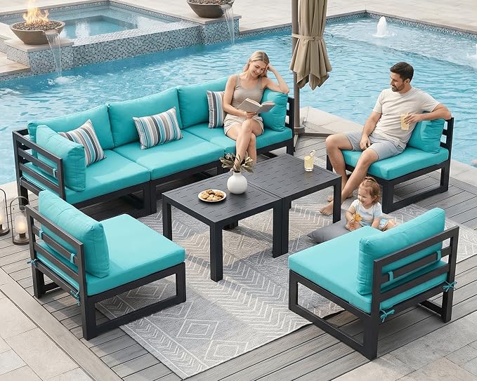 NICESOUL 8 Piece Oversized Modular Aluminum Outdoor Furniture Set, 29" Deep and Wide Sectional Seating, 500 lbs High Weight Capacity Water Resistant Patio Conversation Set for Garden Deck, Turquoise