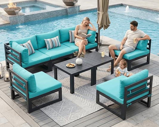 NICESOUL 8 Piece Oversized Modular Aluminum Outdoor Furniture Set, 29" Deep and Wide Sectional Seating, 500 lbs High Weight Capacity Water Resistant Patio Conversation Set for Garden Deck, Turquoise