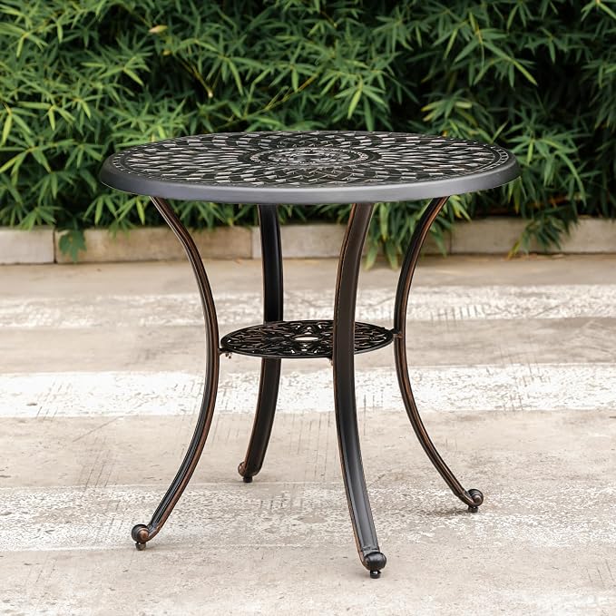 31.5" Round Patio Table Cast Aluminum Patio Dining Table with 2.2" Umbrella Hole,All Weather Outdoor Round Tabel,Metal Patio Table for Fornt Porch, Backyard, Garden,Bronze