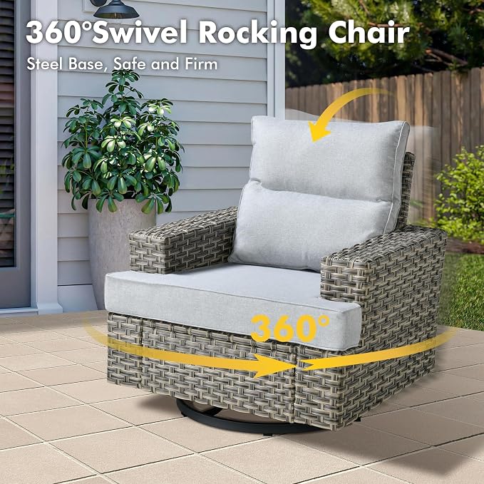 Weaxty 9 Pieces Wide Seats Outdoor Furniture Set, Sectional Couch Swivel Rocking Chair Ottoman Fire Pit Table, Thick Cushion All-Weather Rattan Patio Conversation Sets for Backyard Deck, Grey