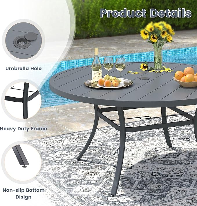 VICLLAX 53" Round Patio Dining Table for 6-8, Metal Outdoor Dining Table with Umbrella Hole for Garden, Patio, Balcony, Dark Grey