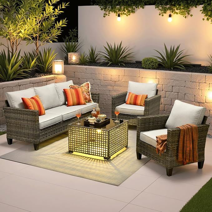 ovios 4 Pieces Patio Furniture Set Outdoor Sofa Couch with Solar Lights Table Comfy Cushions, Modern Deep Seat Wicker Rattan Conversation Set for Porch Deck, Grey