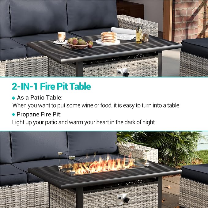 14-Piece Outdoor Patio Furniture Set with Rocking Swivel Chair, Wicker Rattan Sectional Sofa Conversation Set with 55,000 BTU Fire Pit Table, Backyard Furniture, Dark Grey