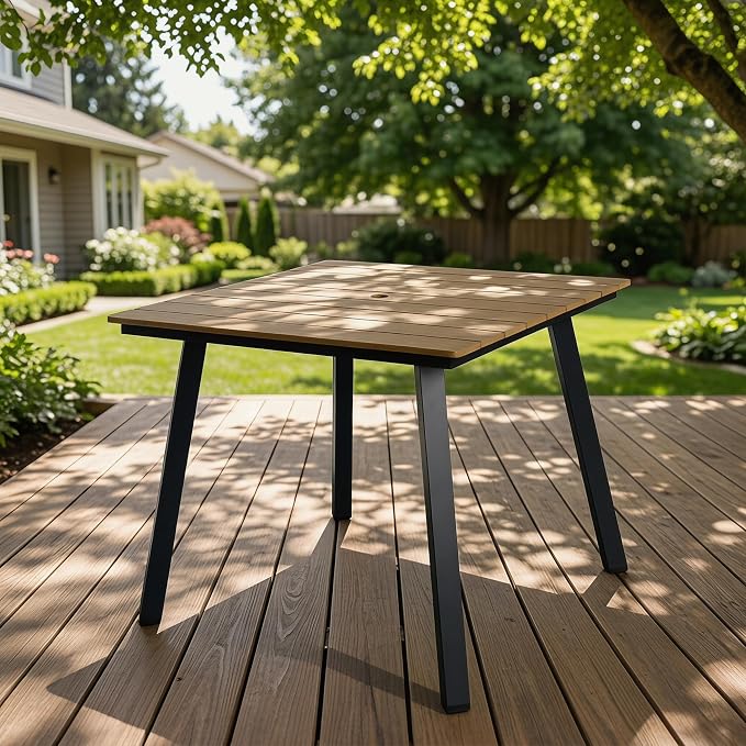 35" Square Patio Dining Table, with Umbrella Hole, Heavy Duty Iron Frame and WPC Top, All-Weather Outdoor Patio Table for Backyard, Garden and Outdoor Dining