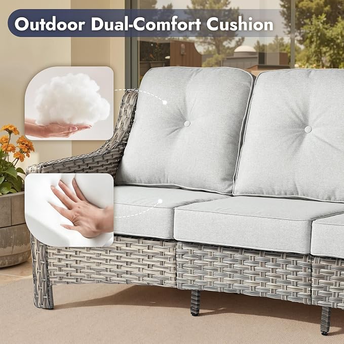 6 PCS Patio Furniture Set, Deep Seat High Back Outdoor Conversation Set with Ottomans, Wicker Outside Furniture with Solar Light Coffee Table for Porch Backyard Balcony, Sunroom, Light Grey
