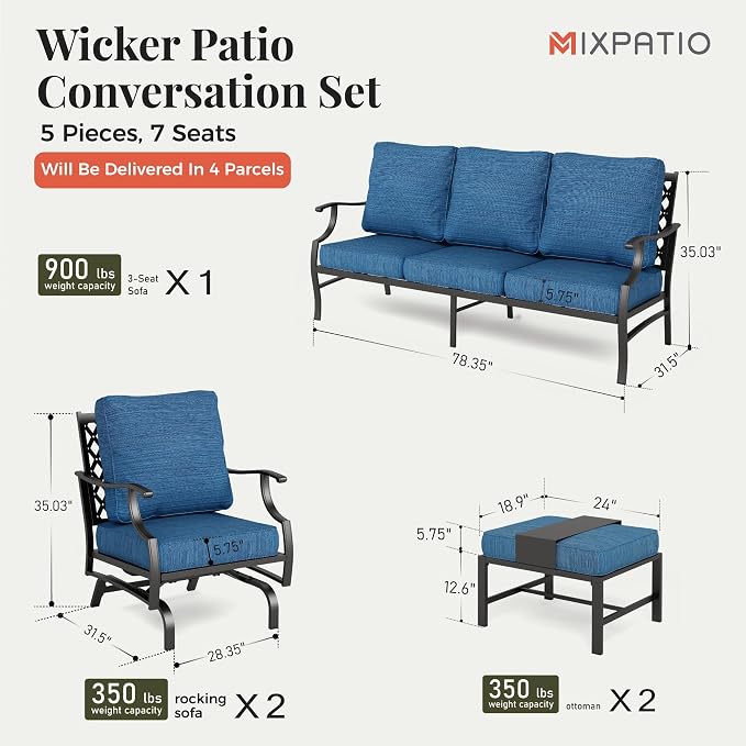 MIXPATIO Patio Furniture Set 5 pcs, Outdoor Patio Furniture, 3-Seat Sofa, 2 Rocking Chairs, 2 Ottomans and 5.75" Extra Thick Cushion, Conversation Set for Backyard Deck,Gemstone Blue