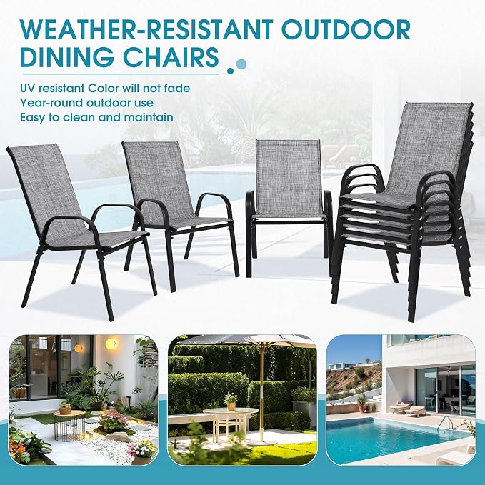 24.4" Wide Outdoor Stackable Chairs Set of 8, Stacking Patio Chairs with Textilene Fabric, Outside Furniture for Garden Backyard Balconie Poolside Deck, Grey