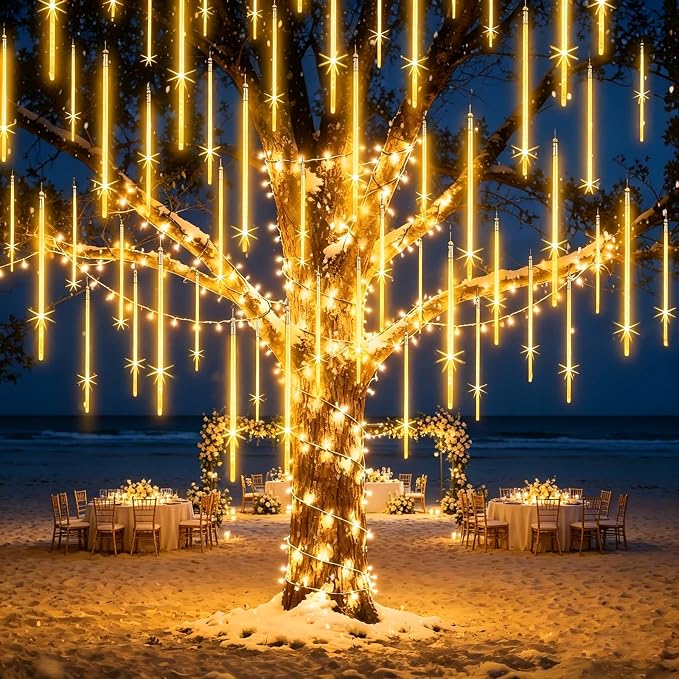 Outdoor Christmas Lights 16 Inch 20 Tubes Meteor Shower, Warm White | Falling Rain Drop Icicle String Lights, Cascading Snow Effect Waterproof Xmas Decor for Tree Wedding Party Garden Holiday