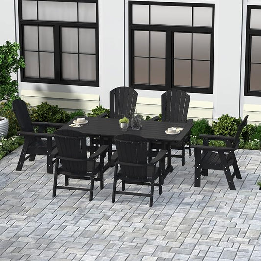 WestinTrends Dylan Adirondack Outdoor Dining Set for 6, All Weather Poly Lumber Patio Table and Chairs Set of 6, 71" Trestle Outdoor Table and Seashell Adirondack Dining Chair, Black