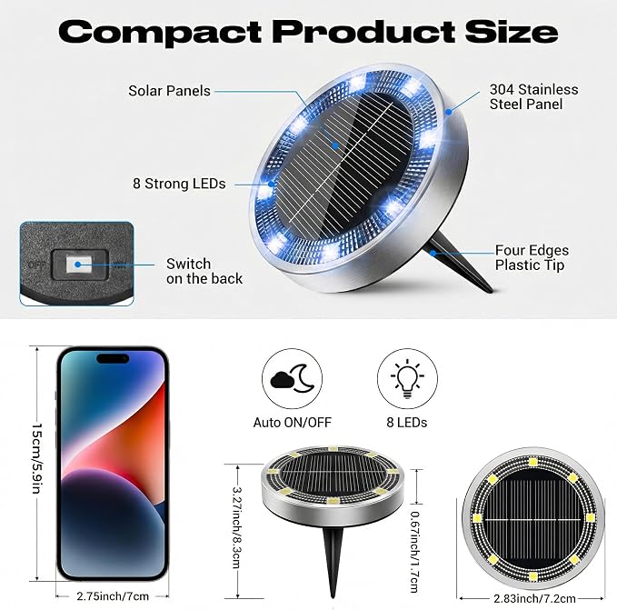 Solar Ground Lights Outdoor, 12 Pack Flat Solar Powered Disc Lights, IP68 Waterproof, Anti-Rust, Landscape Lighting for Pathway Garden Yard Lawn Walkway Landscape Driveway, Blue
