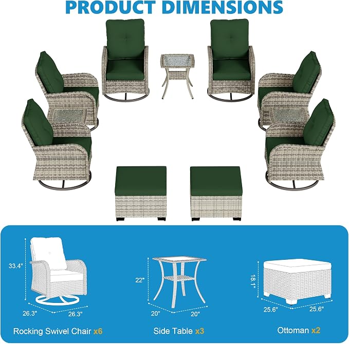11-Piece Small Patio Furniture Set, Outdoor Swivel Rocking Chairs Set with Ottomans, Patio Bistro Set for Balcony, Deck, Porch, Dark Green