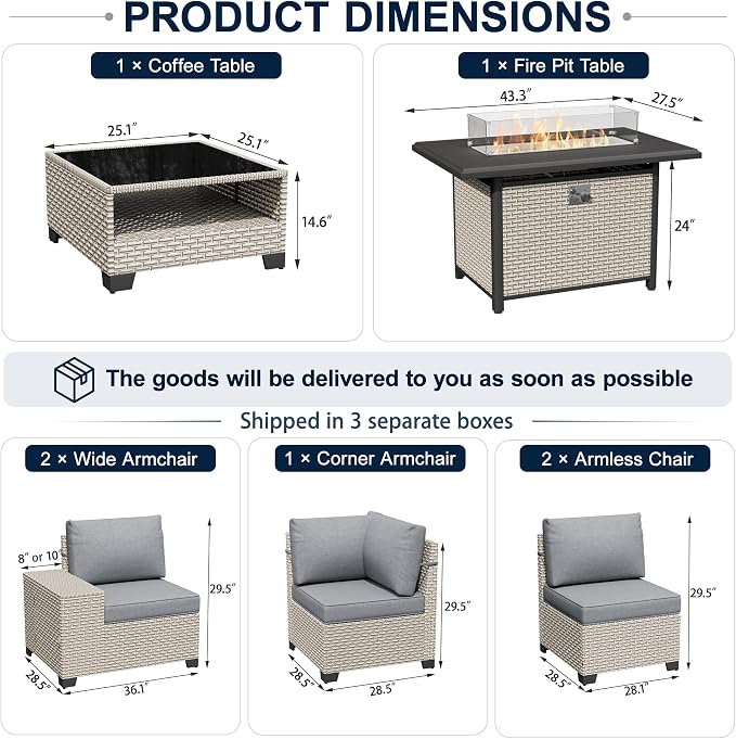 7-Piece Outdoor Patio Furniture Set with Fire Pit, Modular Sectional Sofa Set with Glass Coffee Table and Cushions, Wicker Outdoor Couch Conversation Sets, Gray