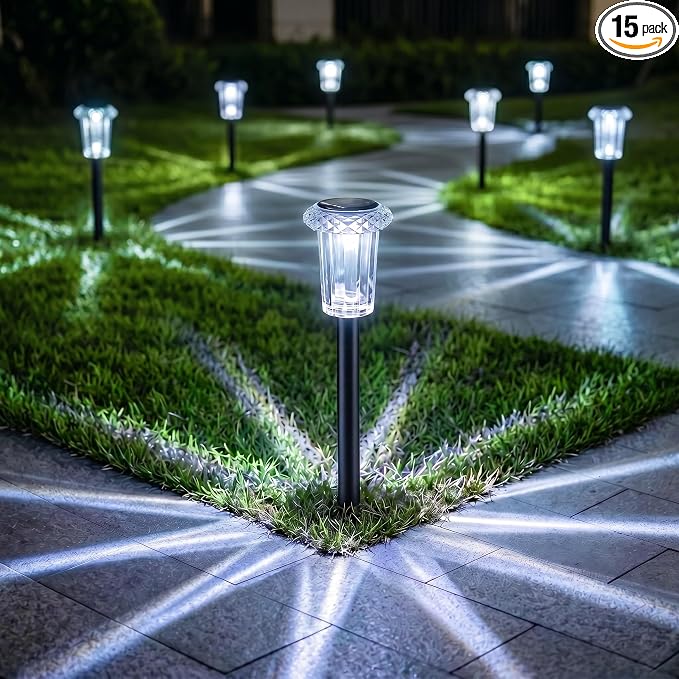 Eyrosa Solar Pathway Lights Outdoor Waterproof, 15 Pack Cool White Solar Garden Lights, Diamond-Cut Starlight Decor, Stake Lighting for Yard Path Walkway Driveway Patio Lawn Outside