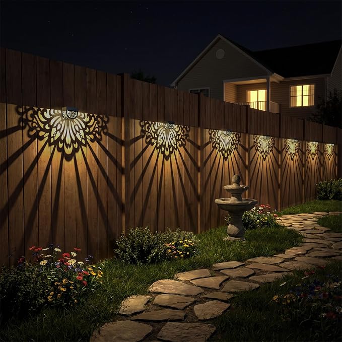 4 Pack Solar Fence Lights Outdoor Wall Lights Plastic Solar Powered Deck Step Stair Lights Mandala Theme Waterproof Fence Solar Light for Garden Post Patio Yard Decor, Gardening Gifts for Women Mom