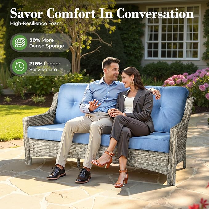 ovios 4 Piece Outdoor Patio Furniture with 3 Seat Sofa,Rattan Wicker Coversation Set with High Back,Sectional Single Sofa with Ottoman for Outside Porch Balcony Backyard Pool, Blue