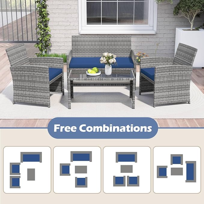 RELAX4LIFE 8-Piece Patio Furniture Set - Wicker Rattan Outdoor Sectional Sofa Set w/Glass Coffee Table, Loveseat, 2 Chairs & Soft Cushions, Bistro Conversation for Garden Porch (2, Grey-Navy)