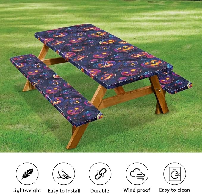 Halloween Picnic Table Cover with Bench Covers Washable Outdoor Camping Tablecloth Summer Abrasion Resistant Waterproof Picnic Table Cover 3 Piece Set