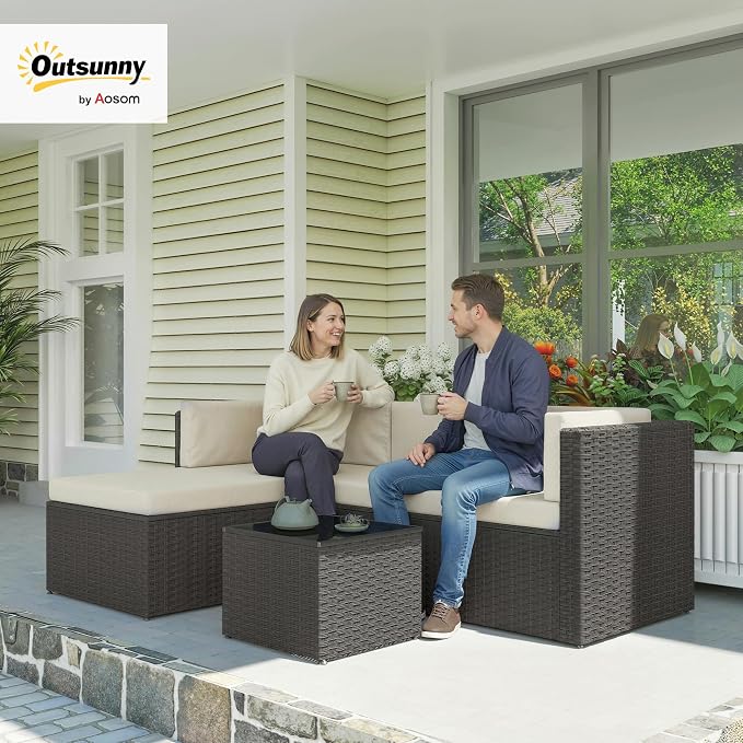 Outsunny 3 Piece Patio Furniture Set, Deep Seating Wicker Rattan Outdoor Conversation Set with Cushions, Glass Top Coffee Table for Garden, Porch, Backyard, Beige