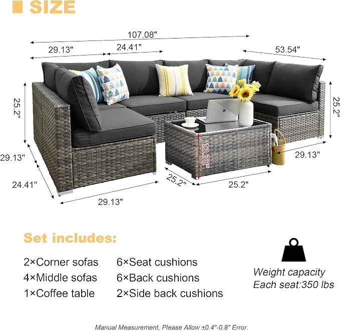 HOOOWOOO Patio Outdoor Sectional Furniture Sofa Set,7 Piece U Shaped Corner Wicker Rattan Couch Set,Rustic 6 Persons Summer Patio Conversation Set for Outside Porch Deck Garden(Black)