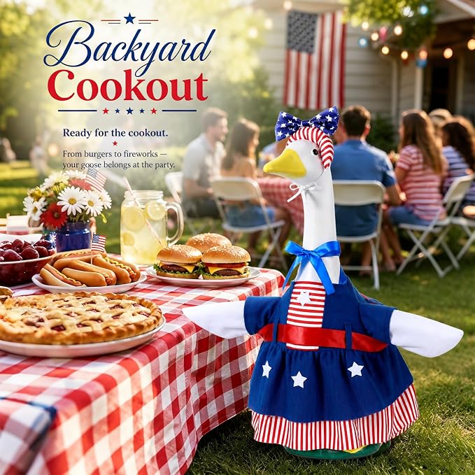 Patriotic Porch Goose Outfit 23 Inch - American Flag Goose Clothes for Lawn Statue, Red White Blue Costume for Memorial Day Veterans Day Decor, Outdoor Garden Patio Yard Decoration