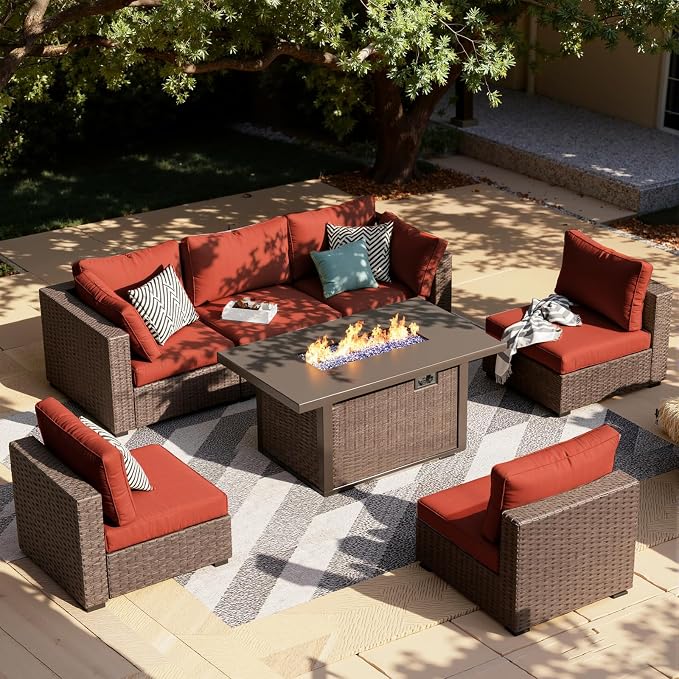 7-Pieces Patio Furniture Sets Outdoor Sectional Sofa with 44'' Propane Rattan Wicker Firepit Table, Patio Sectional Conversation Set with Cushions for Backyard, Poolside, Garden Red