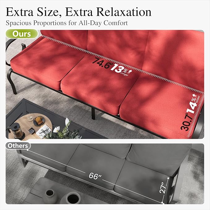 Sophia & William Patio Conversation Set for 5, 3-Seater Sofa, 2 Swivel Chairs and a Coffee Table, Metal Outdoor Furniture with 5.75" Extra Thick Cushions, Red