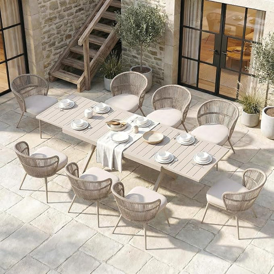 SUNSITT 9 Piece Outdoor Patio Dining Set, 65" - 107" Metal Expandable Outdoor Dining Table with X-Shape Legs, 8 Woven Wicker Outdoor Patio Chairs w/Removable Cushions for Garden, Beige