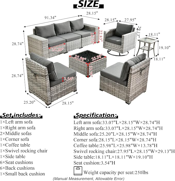 HOOOWOOO Outdoor Patio Sectional Furniture Sofa Set with Swivel Rocking Chair,8 Piece Modern Wicker Couch with Widened Armrest,Modular Conversation Seating Set for Out Door Garden(Black)