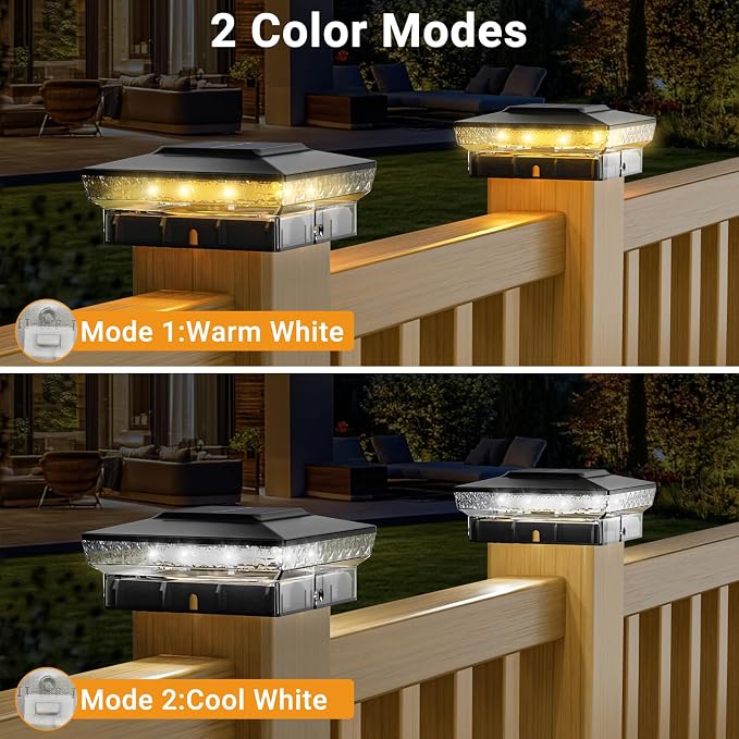 btfarm 4x4 Solar Post Cap Lights Outdoor, 2 Color Modes 16 LED Fence Post Lights Fit 4x4 3.5x3.5 Wooden/Vinyl, Bright Waterproof Solar Powered Deck Lighting Outside for Patio Porch Garden, Black