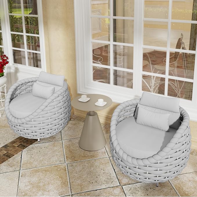 TWT 3 Piece Patio Furniture Set, Gray Woven Rope Conversation Set with Washable Cushions (Textilene Light Grey Rope w/Light Grey Cushion, 5pcs 4 Armchair+Table)