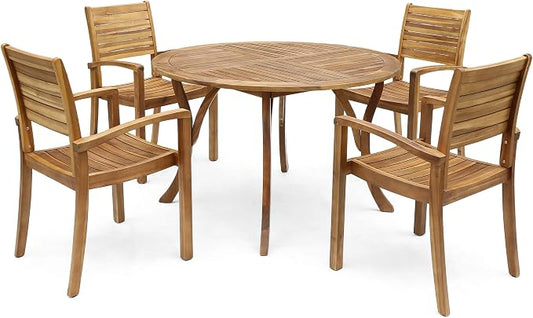 Christopher Knight Home Payne Outdoor 4-Seater Round Acacia Wood Dining Set, Teak Finish