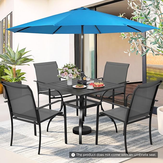 Incbruce 6 Pieces Patio Dining Set with Sky Blue Umbrella, Outdoor Dining Set of 4 Textilene Chairs and Square Table with Umbrella Hole for Backyard, Garden, and Poolside (Grey)