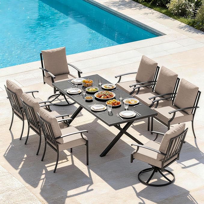 9 PCS Outdoor Patio Dining Set,Patio Table and Chairs Metal Outdoor Patio Furniture Set with Umbrella Hole,Dining Table Set with Swivel Chairs for Deck,Backyard and Garden,Brown
