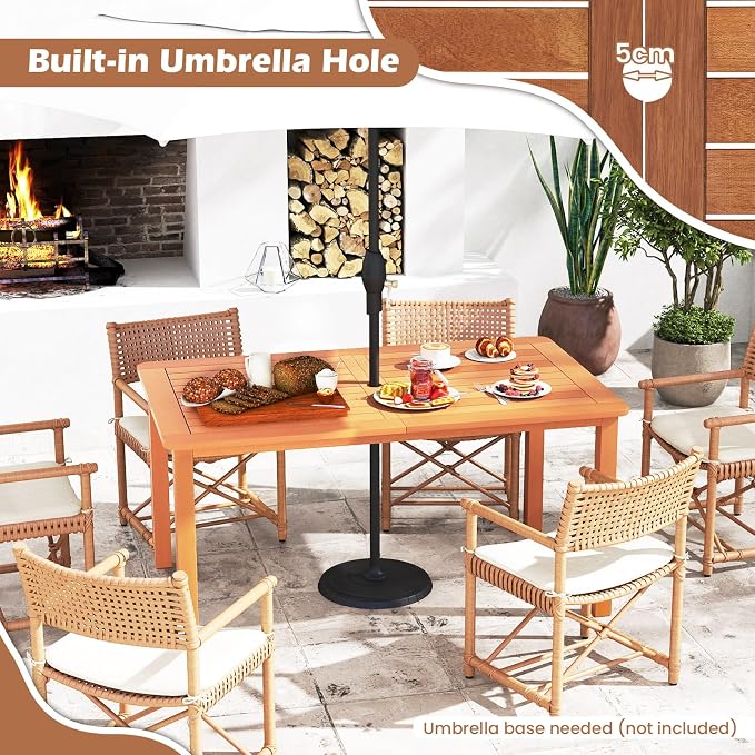 Tangkula 59 Inches Hardwood Patio Dining Table for 6, Outdoor Solid Wood Dining Table with Umbrella Hole & Teak Oil Finish, Rectangular Outside Dining Table for Backyard, Porch, Deck, Garden