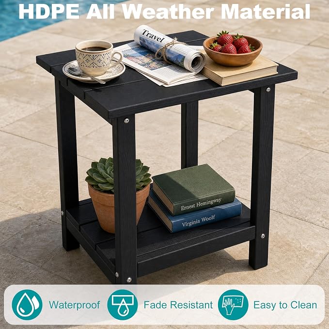 Outdoor Side Table with Storage Shelf, 2-Tier Patio Side Table, HDPE All Weather Outdoor End Tables for Adirondack Chair, Small Patio End Table for Deck Backyard Porch Lawn Poolside, Black