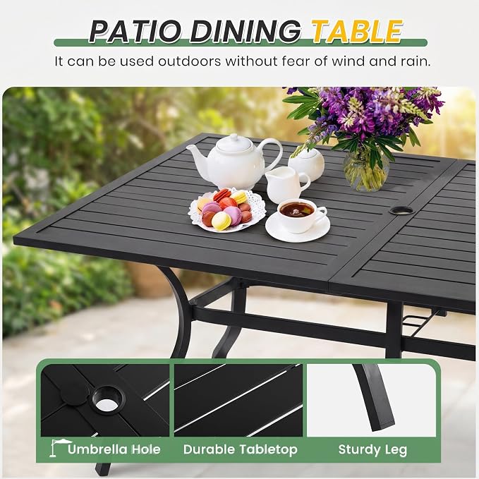 LVUYOYO Outdoor Patio Dining Table, Metal Rectangular Table with Umbrella Hole, All-Weather Furniture for Backyard, Garden,Balcony,Porch (Black)
