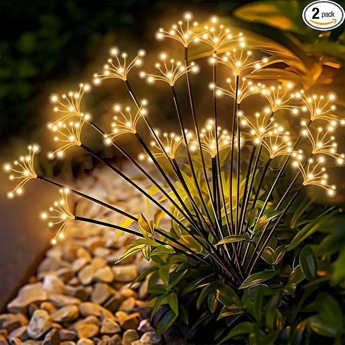 Solar Garden Lights 2 Pack Waterproof Solar Swaying Starburst Light Outdoor Lights for Yard Patio Walkway Pathway Party Wedding Christmas Decoration, Warm White