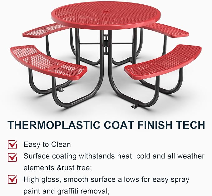 KEIKI 78.7" Heavy-Duty Metal Picnic Table w/2.05" Umbrella Hole, Round Commercial Outdoor Steel Table for 4–8 People, 2.5mm Mesh Top, Rust-Resistant Coating, Patio Backyard Park Dining Furniture, Red