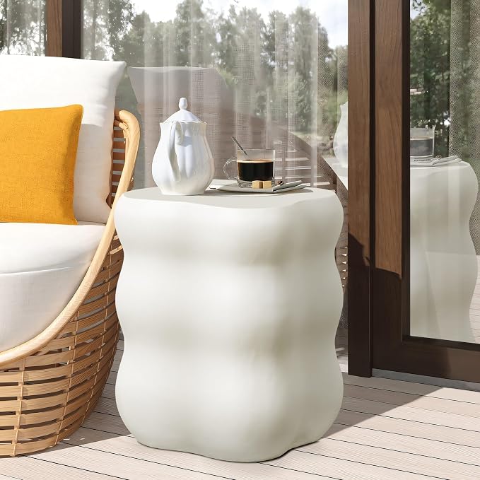 LuxenHome Outdoor Side Table, 18'' White Concrete End Tables, Modern Curves Square Small Accent Table for Patio, Indoor, Outdoor, Porch, Poolside, Backyard, Decorative Garden Stool, Plant Stand