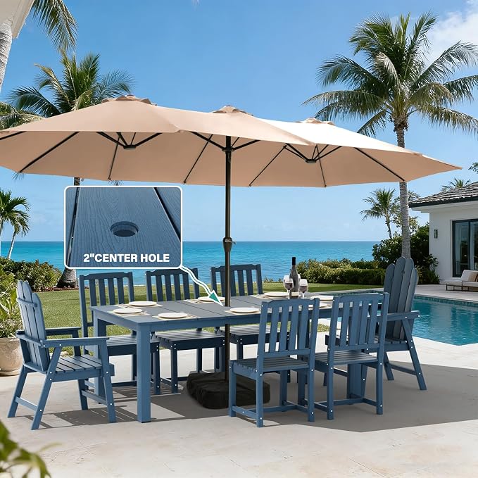 9 Piece HDPE Patio Dining Set for 8, Outdoor Furniture,Navy | 75.2” table,8 person outdoor table and chairs set, fade resistant HDPE, strong structure built for backyard entertaining
