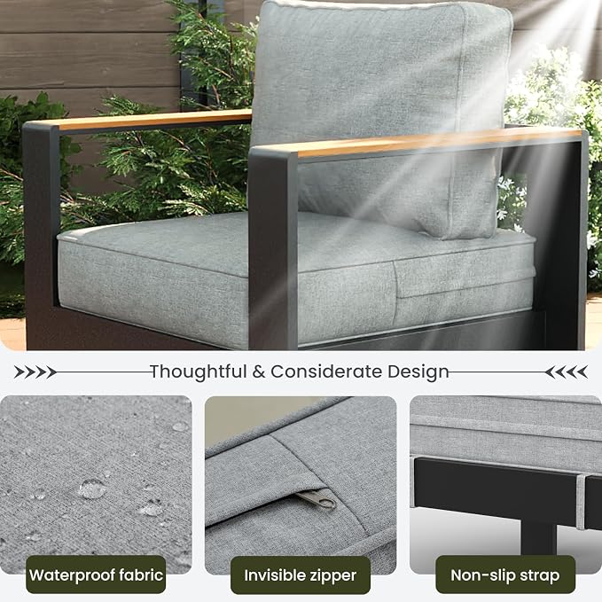 LayinSun Aluminum Outdoor Furniture Set 3 Seat Sofa, Outside Patio Deep Seating Conversation Set with Upgraded Washable Thick Cushion