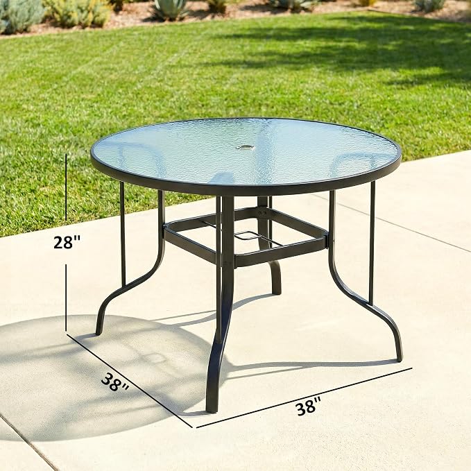Outsunny 38" Round Patio Table with Umbrella Hole, Outdoor Dining Table Tempered Glass Metal Frame Bistro Table, for Deck, Yard, Balcony, Lawn, Pool, Black