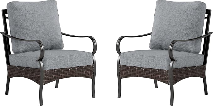 PHI VILLA Outdoor Wicker Chairs Sofa of 2, All Weather High Back Rattan Chairs 2 Seats with Comfy Cushions for Porch Deck