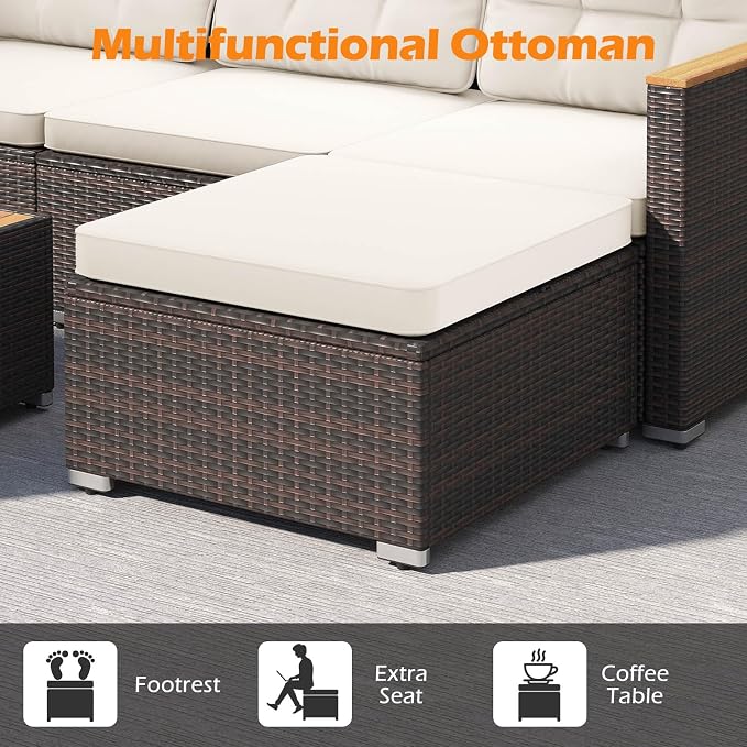Tangkula 5 Pieces Outdoor Patio Furniture Set, L Shaped Rattan Cushioned Chairs & Coffee Table Set, Outdoor Sectional Conversation Sofa with Wood Armrests & Tabletop for Backyard, Porch, Balcony