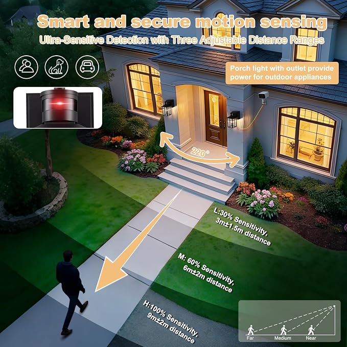 Porch Light with GFCI Outlet with Remote,Dusk to Dawn Motion Sensor Outdoor Light,Upgraded 4 Lighting Modes Black Front Door Light,Waterproof Outside Lights for House Patio Garage Entryway, 1 Pack