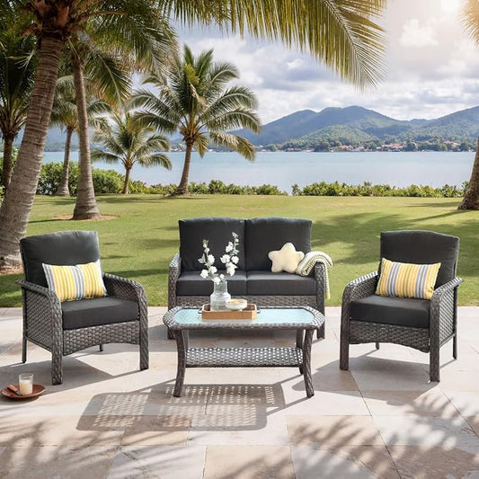 4-Piece Outdoor Patio Furniture Set with Coffee Table, Outdoor Conversation Wicker Sofa with Thickened Cushions, Rattan Couch for Deck Yard Poolside, Black