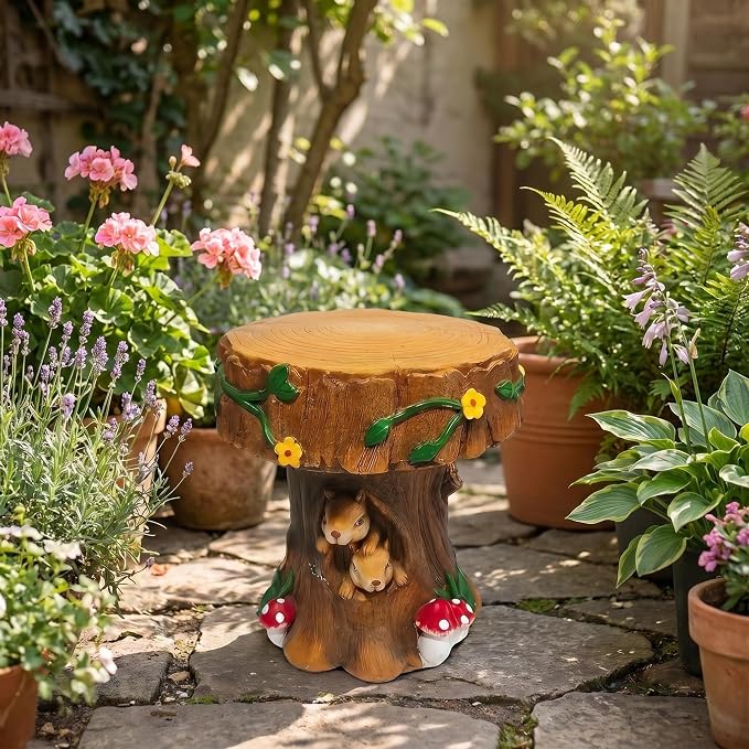 Resin Squirrel Tree Stump Stool – 12.6" Whimsical Garden Seat & Side Table | Outdoor & Indoor Decorative Chair for Patio, Backyard, Fairy Garden, Kids Room | Weather-Resistant Forest Figurine Decor