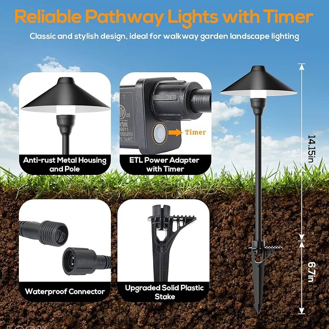Low Voltage Pathway Lights with Timer, Plug in Landscape Path Light | 4H/6H/8H Timing, 3000K LED Landscape Lighting IP65 Waterproof ETL Listed, Set of 6 Lights Total 18W, Non-hardwired