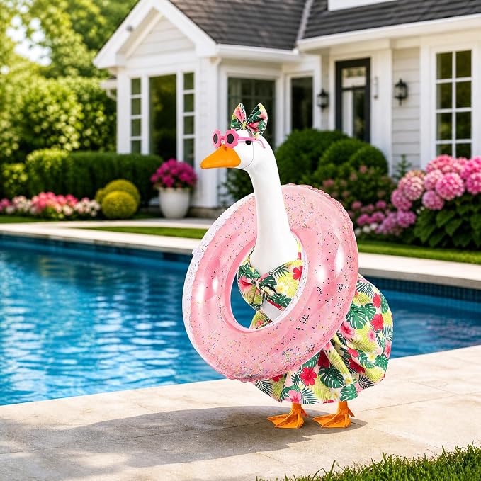 Summer Porch Goose Outfit with Sunglasses and Swim Ring for 23" Goose Statue Hawaiian Bikini Goose Outfits Porch Goose Clothes Costume for Garden Lawn Yard Decor(Hawaiian Flowers)